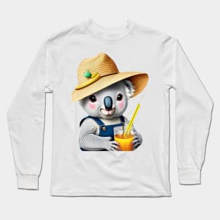 Chill Koala Vibes: Overalls, Straw Hat, and Soda Sips! Long Sleeve T-Shirt
